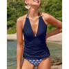 imageYonique Womens Two Piece Swimsuits Tummy Control Tankini Plus Size Bathing Suit Halter V Neck SwimwearBlue Geometric