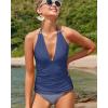 imageYonique Womens Two Piece Swimsuits Tummy Control Tankini Plus Size Bathing Suit Halter V Neck SwimwearBlue and Strips1