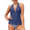 imageYonique Womens Two Piece Swimsuits Tummy Control Tankini Plus Size Bathing Suit Halter V Neck SwimwearBlue and Strips1