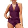 imageYonique Womens Two Piece Swimsuits Tummy Control Tankini Plus Size Bathing Suit Halter V Neck SwimwearPurple
