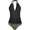 imageYonique Womens Two Piece Swimsuits Tummy Control Tankini Plus Size Bathing Suit Halter V Neck SwimwearBlack and Brown Leopard