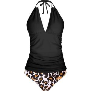 imageYonique Womens Two Piece Swimsuits Tummy Control Tankini Plus Size Bathing Suit Halter V Neck SwimwearBlack Leopard