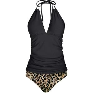 imageYonique Womens Two Piece Swimsuits Tummy Control Tankini Plus Size Bathing Suit Halter V Neck SwimwearBlack and Brown Leopard