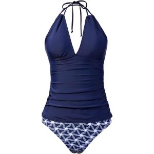 imageYonique Womens Two Piece Swimsuits Tummy Control Tankini Plus Size Bathing Suit Halter V Neck SwimwearBlue Geometric
