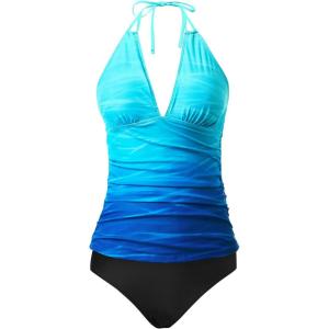 imageYonique Womens Two Piece Swimsuits Tummy Control Tankini Plus Size Bathing Suit Halter V Neck SwimwearBlue Gradient