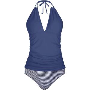 imageYonique Womens Two Piece Swimsuits Tummy Control Tankini Plus Size Bathing Suit Halter V Neck SwimwearBlue and Strips1