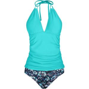 imageYonique Womens Two Piece Swimsuits Tummy Control Tankini Plus Size Bathing Suit Halter V Neck SwimwearBright Blue Flower