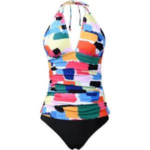 imageYonique Womens Two Piece Swimsuits Tummy Control Tankini Plus Size Bathing Suit Halter V Neck SwimwearColor Block