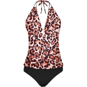 imageYonique Womens Two Piece Swimsuits Tummy Control Tankini Plus Size Bathing Suit Halter V Neck SwimwearLeopard