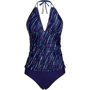 imageYonique Womens Two Piece Swimsuits Tummy Control Tankini Plus Size Bathing Suit Halter V Neck SwimwearNavy Blue Stripes