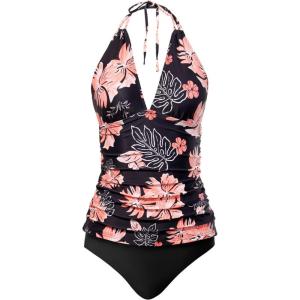imageYonique Womens Two Piece Swimsuits Tummy Control Tankini Plus Size Bathing Suit Halter V Neck SwimwearOrange Floral