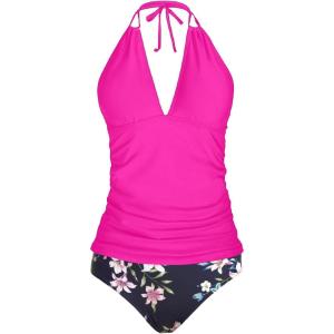 imageYonique Womens Two Piece Swimsuits Tummy Control Tankini Plus Size Bathing Suit Halter V Neck SwimwearPink Flower
