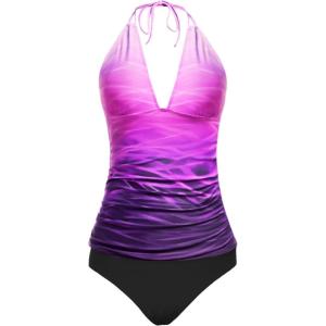 imageYonique Womens Two Piece Swimsuits Tummy Control Tankini Plus Size Bathing Suit Halter V Neck SwimwearPurple Gradient