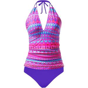 imageYonique Womens Two Piece Swimsuits Tummy Control Tankini Plus Size Bathing Suit Halter V Neck SwimwearPurple Tribal