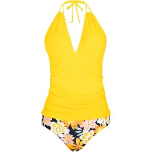 imageYonique Womens Two Piece Swimsuits Tummy Control Tankini Plus Size Bathing Suit Halter V Neck SwimwearYellow Floral