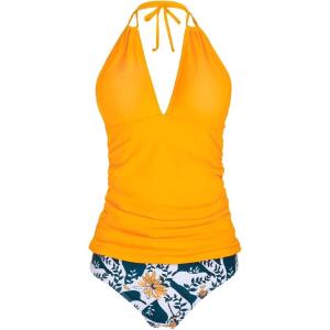 imageYonique Womens Two Piece Swimsuits Tummy Control Tankini Plus Size Bathing Suit Halter V Neck SwimwearYellowNavyWhite