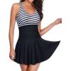 imageYonique One Piece Swimsuits for Women Modest Tummy Control Swimdress Vintage Bathing Suits Skirt SwimwearBlack  White Stripe