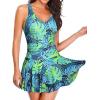 imageYonique One Piece Swimsuits for Women Modest Tummy Control Swimdress Vintage Bathing Suits Skirt SwimwearBlue Tropical Leaf