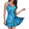 imageYonique One Piece Swimsuits for Women Modest Tummy Control Swimdress Vintage Bathing Suits Skirt SwimwearGreen Leaves