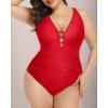 imageYonique Women Plus Size One Piece Swimsuit Tummy Control Bathing Suits Lace up Plunge SwimwearRed