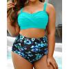 imageYonique Women Plus Size Two Piece Swimsuits High Waisted Bathing Suits Bandeau Bikini Tummy Control SwimwearAqua and Blue Flower