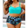 imageYonique Women Plus Size Two Piece Swimsuits High Waisted Bathing Suits Bandeau Bikini Tummy Control SwimwearAqua and Blue Flower