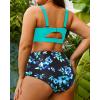 imageYonique Women Plus Size Two Piece Swimsuits High Waisted Bathing Suits Bandeau Bikini Tummy Control SwimwearAqua and Blue Flower
