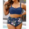 imageYonique Women Plus Size Two Piece Swimsuits High Waisted Bathing Suits Bandeau Bikini Tummy Control SwimwearBlue Flower