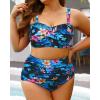 imageYonique Women Plus Size Two Piece Swimsuits High Waisted Bathing Suits Bandeau Bikini Tummy Control SwimwearBlue and Flower