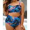 imageYonique Women Plus Size Two Piece Swimsuits High Waisted Bathing Suits Bandeau Bikini Tummy Control SwimwearBlue and Flower