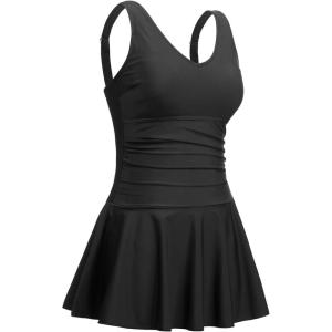 imageYonique One Piece Swimsuits for Women Modest Tummy Control Swimdress Vintage Bathing Suits Skirt SwimwearBlack1