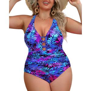 imageYonique Women Plus Size One Piece Swimsuit Tummy Control Bathing Suits Lace up Plunge SwimwearBlue Leaves