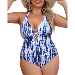 imageYonique Women Plus Size One Piece Swimsuit Tummy Control Bathing Suits Lace up Plunge SwimwearBlue Tie Dye
