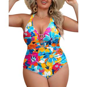 imageYonique Women Plus Size One Piece Swimsuit Tummy Control Bathing Suits Lace up Plunge SwimwearColorful Flowers
