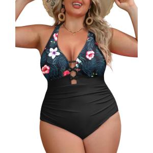 imageYonique Women Plus Size One Piece Swimsuit Tummy Control Bathing Suits Lace up Plunge SwimwearFloral and Black