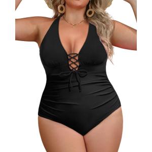 imageYonique Women Plus Size One Piece Swimsuit Tummy Control Bathing Suits Lace up Plunge SwimwearSolid Black