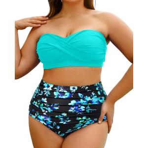 imageYonique Women Plus Size Two Piece Swimsuits High Waisted Bathing Suits Bandeau Bikini Tummy Control SwimwearAqua and Blue Flower