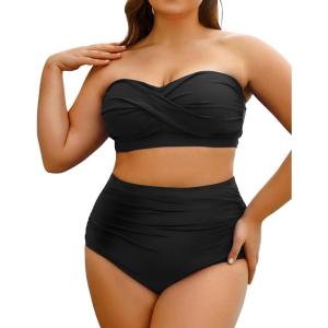 imageYonique Women Plus Size Two Piece Swimsuits High Waisted Bathing Suits Bandeau Bikini Tummy Control SwimwearBlack