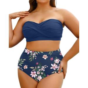 imageYonique Women Plus Size Two Piece Swimsuits High Waisted Bathing Suits Bandeau Bikini Tummy Control SwimwearBlue Flower