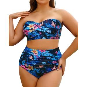 imageYonique Women Plus Size Two Piece Swimsuits High Waisted Bathing Suits Bandeau Bikini Tummy Control SwimwearBlue and Flower