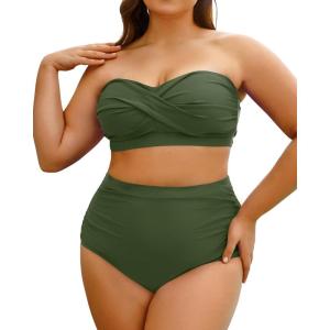 imageYonique Women Plus Size Two Piece Swimsuits High Waisted Bathing Suits Bandeau Bikini Tummy Control SwimwearGreen