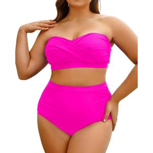 imageYonique Women Plus Size Two Piece Swimsuits High Waisted Bathing Suits Bandeau Bikini Tummy Control SwimwearHot Pink