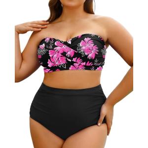 imageYonique Women Plus Size Two Piece Swimsuits High Waisted Bathing Suits Bandeau Bikini Tummy Control SwimwearPink Floral