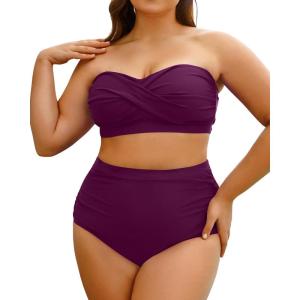 imageYonique Women Plus Size Two Piece Swimsuits High Waisted Bathing Suits Bandeau Bikini Tummy Control SwimwearPurple
