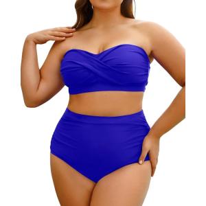 imageYonique Women Plus Size Two Piece Swimsuits High Waisted Bathing Suits Bandeau Bikini Tummy Control SwimwearRoyal Blue