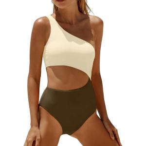 imageYonique Womens One Piece Bathing Suit One Shoulder Swimsuit Cutout Swimwear MonokiniBeige Brown