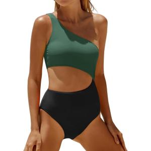 imageYonique Womens One Piece Bathing Suit One Shoulder Swimsuit Cutout Swimwear MonokiniGreen and Black