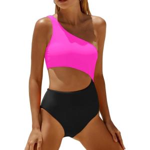 imageYonique Womens One Piece Bathing Suit One Shoulder Swimsuit Cutout Swimwear MonokiniHot Pink