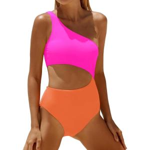 imageYonique Womens One Piece Bathing Suit One Shoulder Swimsuit Cutout Swimwear MonokiniPink Orange