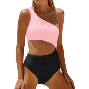 imageYonique Womens One Piece Bathing Suit One Shoulder Swimsuit Cutout Swimwear MonokiniPink and Black